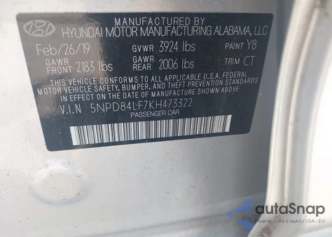 2019 Hyundai Elantra Limited z USA, uszkodzony, nr VIN 5NPD84LF7KH473322